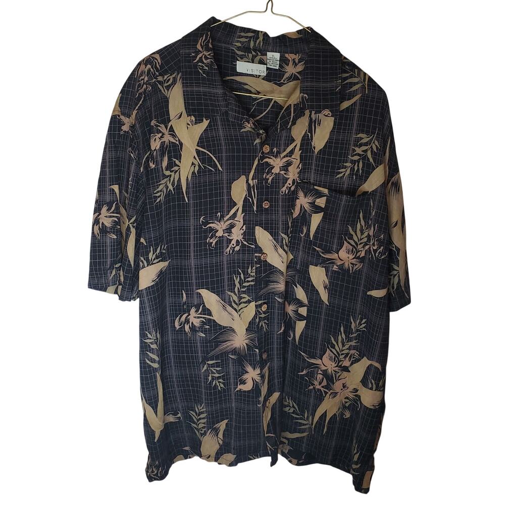Vintage Y2K Visitor Silk Aloha Camp Shirt XL Black Beige Dusty Pink Floral